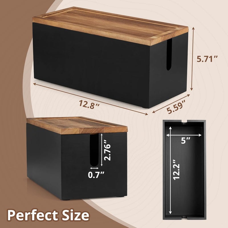 CMLKLZD Wood Cable Management Box - Cable Organizer Box - 2 Open Slots Cords Hider Box - Under Desk Cord Organizer for Power Strip Extension Cord Surge Protector Charger Wire, Black - Image 2